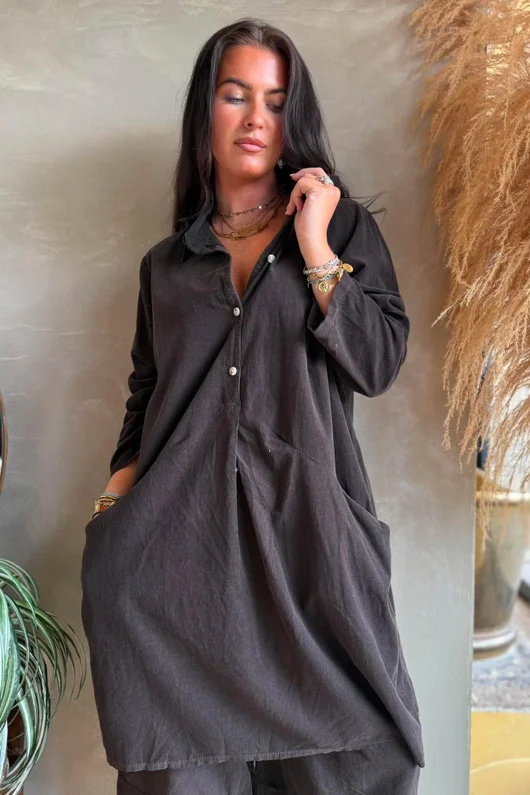 Arbi Needlecord Pop Over Shirt Dress Chocolate